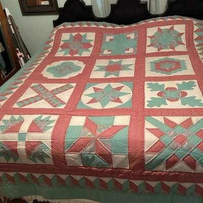 Sampler Quilt 102 x 83 King Rose Pink Aqua Green 12 Different Blocks Long Arm - Image 1 of 4