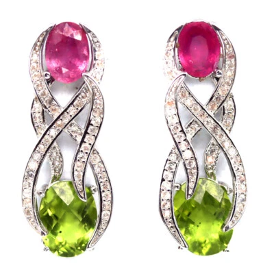 925 Sterling Silver 7 x 9 MM. Green Peridot, Red Ruby & White Zircon Earrings - Image 1 of 4