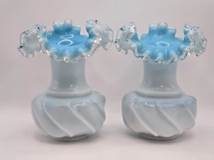 Fenton Silver Wavecrest White Jamestown Blue Glass Vase 6 1/2" Vintage Set of 2 - Picture 1 of 8