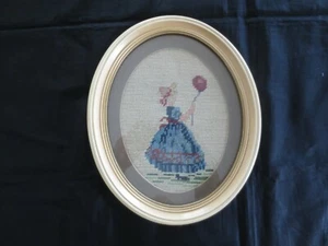 Vintage Oval Framed GIRL with BALLOON NEEDLEPOINT Wall Hanging - 9.5" x 11.5" - Picture 1 of 4