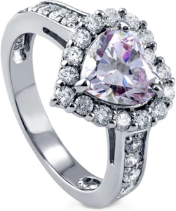 Sterling Silver Halo Wedding Engagement Rings Purple Heart Shaped Cubic Zirconia - Picture 1 of 8