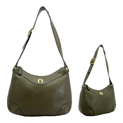 Vintage 80s 90s ETIENNE AIGNER Medium Leather Handbag Shoulder Bag Hobo OLIVE - Image 1 of 4
