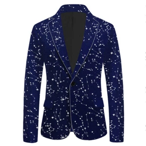 Glitter Mens Star Pattern Velvet Suit Blazer Coat Wedding Party Dinner Jacket - Picture 1 of 15