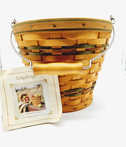 Longaberger 2002 Sage Autumn pail bucket Picnic Handwoven Basket Authentic Cover