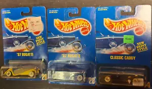 1990's Hot Wheels Blue Card lot #28 + 44 37 Bugatti yel + blue Classic Caddy WW - Picture 1 of 6
