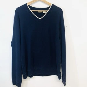 LL Bean V Neck Sweater Shirt Men MT Navy Blue Cotton Long Sleeve Preppy Casual - Picture 1 of 11