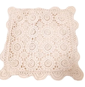 Crochet Lace Pillow Cover Sham Beige 12” Square Cotton Grannycore Cottage VNTG - Picture 1 of 4