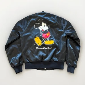 Vintage Mickey Mouse Satin Jacket Mens S Black Bomber Disney Chalk Line 80s - Picture 1 of 6