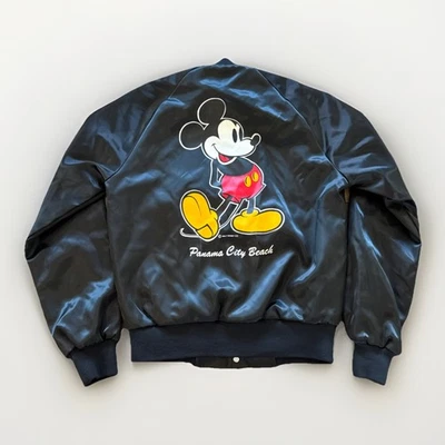 Vintage Mickey Mouse Satin Jacket Mens S Black Bomber Disney Chalk Line 80s - Image 1 of 4