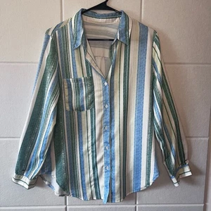 Women’s Tunic Button Down Shirt Sz Medium Roll Tab Sleeve Multicolor Stripe - Picture 1 of 10