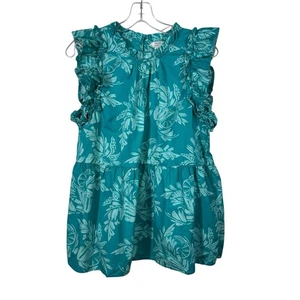 Crown & Ivy blau tropisch Blumen Blumendruck Rüschenärmel hochgeschlossen Schößchen Top - Bild 1 von 5