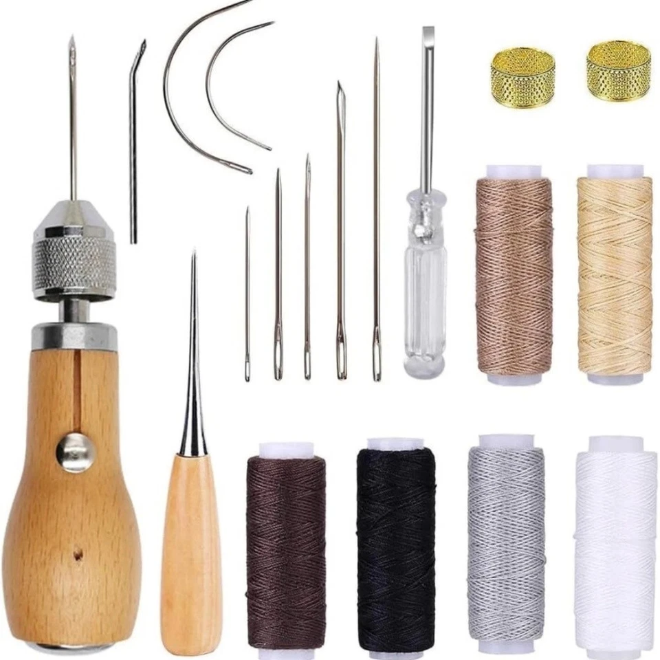 18 Stück Leder Werkzeug Schuhmacher und Sattler Nähset mit gewachstem Ledergarn - Bild 1 von 4