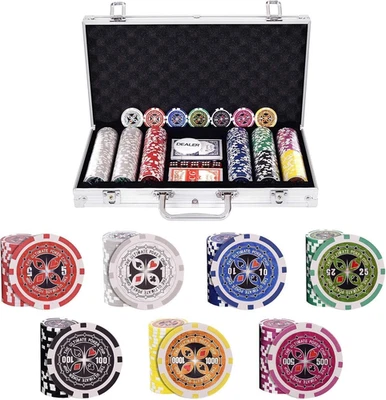 Set Da Poker Con 300 Chips, Valigetta Da Poker Con Serratura, Kit Poker Con 2 Ma - Immagine 1 di 4