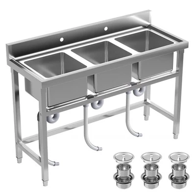 Fregadero de acero inoxidable de 3 compartimentos, barra de cocina fregadero de triple cuenco, 51"x19,7"x31,5" Foto 1 de 4