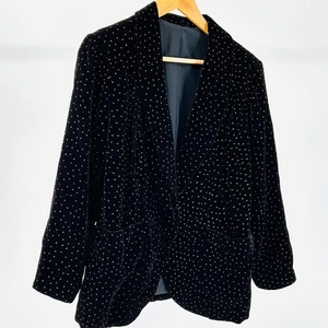 Vintage 80s Black Velvet Gold Glitter Polka Dot Fitted Blazer Jacket - Picture 1 of 7