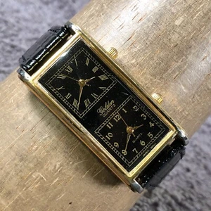 Golden Women Dress Dual Time Dial Leather Rectangular Travellers Watch 7 3/4" - Picture 1 of 12