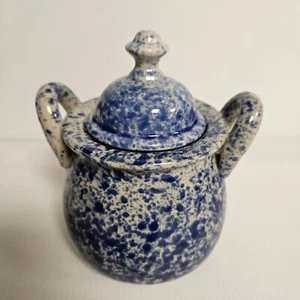 Farmhouse Style Ceramic Jar w/Lid Pottery Vintage Blue Splatter/Speckled - Picture 1 of 10
