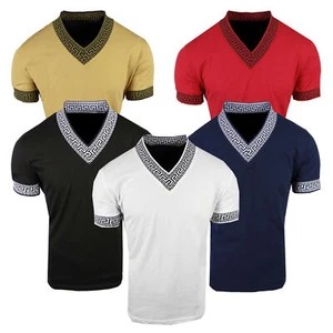 Mens T- Shirt NEW Luxury Wide Collar V-Neck Italian Stripe Slim Fit Stretch Golf - Picture 1 of 4