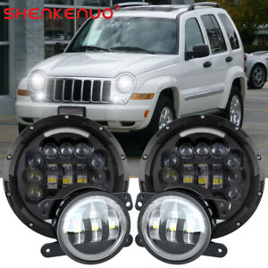 7" Inch LED Headlights Fog Lights Turn Signal Combo For 2003-2007 Jeep Liberty