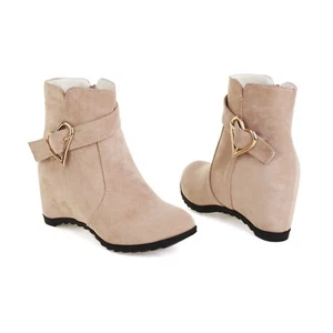 Women's Hidden Wedge Heel Shoes Love Buckle Faux Suede Round Toe Zip Ankle Boots - Picture 1 of 26