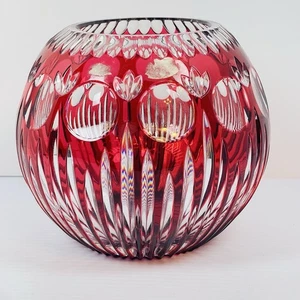 Bohemian Cranberry Red Cut to Clear Crystal Rose Candle Bowl Large 7 in - Picture 1 of 8