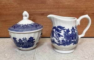VTG Churchill Blue Willow Cream and Sugar Bowl Set Excellent Condition Rare - Picture 1 of 14