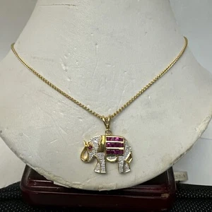 Solid 14k Yellow Gold Ruby Elephant Necklace - Picture 1 of 11