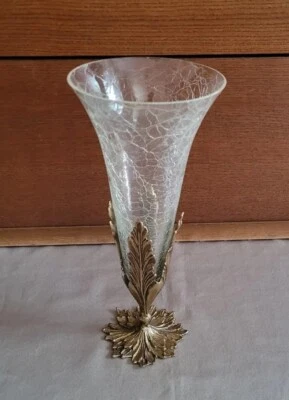 Ancien Vintage Bouquetière Centre de Table Bronze Doré Vase Cristal  H. 33 cm - Photo 1/4