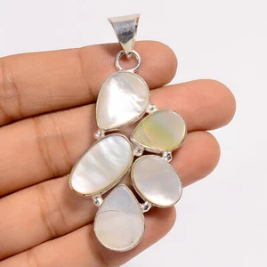 Natural Mother Of Pearl Gemstone 925 Silver Handmade Pendant 2.3" ARP-4597 - Picture 1 of 3