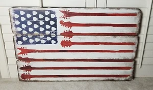 Rustic Wooden American Flag Wall Decor Music Theme Guitar Picks/ Necks 28 X 17  - Picture 1 of 8