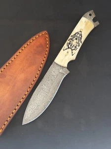 9 Raindrop Damascus Steel Drop Point Scrimshaw Skinner Hunting Knife OX 3356, - Picture 1 of 5