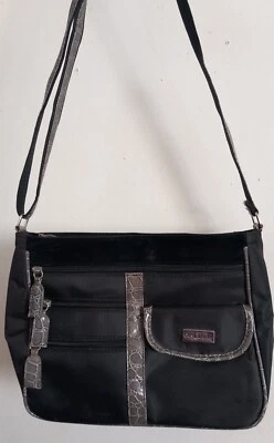 *GUY LAROCHE*SAC BANDOULIERE*TOILE SYNTHETIQUE NOIRE&CROUTE DE CUIR Grise - Photo 1/3