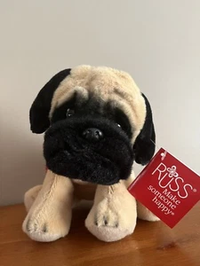 RUSS BERRIE PUG DOG SOFT TOY PLUSH TOY CUTE RED BOW 9" Nwt - Picture 1 of 6