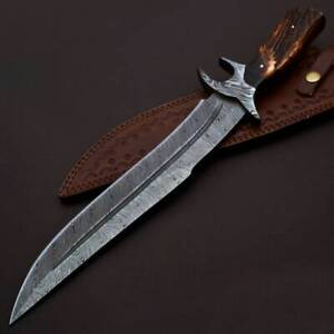 CUSTOM HANDMADE DAMASCUS STEEL HUNTING BOWIE KNIFE/STAGE HORN HANDLE WITH SHEATH
