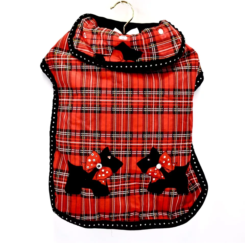 Handmade Couture Scottie Dog Coat,Red Plaid,Black Scottie Dogs,Crystals,Lined,Sm - Image 1 of 4