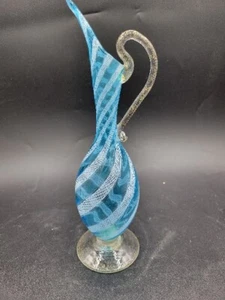 Vintage Murano Ribbon Latticino  Ewer Pitcher Aqua Blue White Gold As Is - Picture 1 of 7