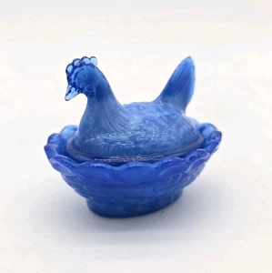 Vtg Boyd Art Glass Mini Hen On A Nest Salt Cellar Pocono Blue Slag #52 11-17-83 - Picture 1 of 8