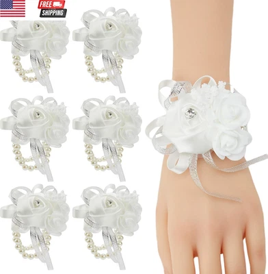 White Wrist Corsages for Prom, Set of 6, Rose Wedding Wrist Corsage for Bridal B - Image 1 of 4