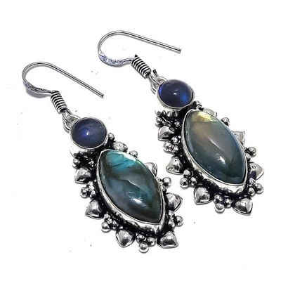 Pendiente de plata de ley 925 con piedras preciosas de zafiro natural de 2,0" K905 Foto 1 de 4