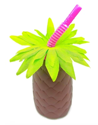 Luau Pineapple Sipper Cup,BPA-Free,Brown,Screw-on Cap,Pink Straw,6"x3.2"x3"d - Image 1 of 2