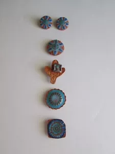 Custom Made TERRA COTTA CLAY Clip EARRINGS & BUTTON COVERS Set 6pc SOUTHWEST - Picture 1 of 3