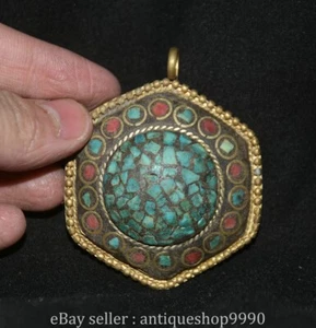 2.6" Old Tibetan Copper Inlaid Turquoise Handmade Hexagonal Pendant Amulet - Picture 1 of 4