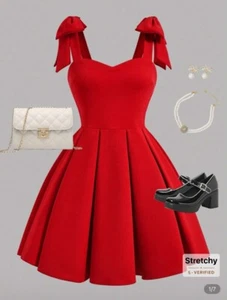 SHEIN Teen Girl Red Elegant Detachable Bow Decor Party Dress, Valentine Day Outf - Picture 1 of 2