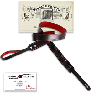 Walker & Williams M-12 Gloss Black And Red Premium Grain Leather Mandolin Strap - Picture 1 of 11