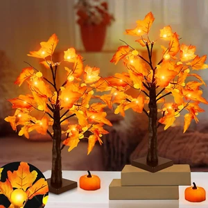 18'' Fall Thanksgiving Lighted Maple Tree with Timer 24 Pumpkin Lights Battery O - Picture 1 of 12