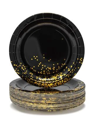 50 Pack Black 9 Inch Paper Plates Black & Gold Party Plates Birthday/Graduation - Image 1 of 4
