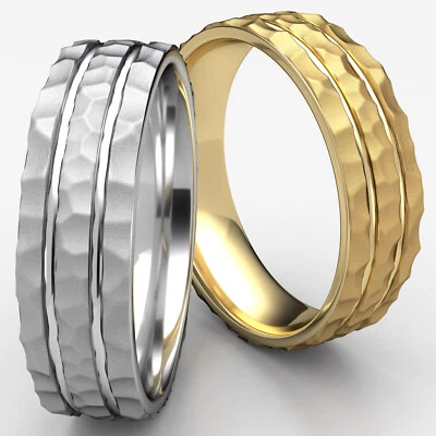 Hammered Polished 2 Cuts Wedding Band Men's Women's 14k White Gold Ring 7.5mm - Image 1 of 4