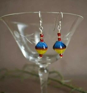 Multicolor Kunstglas Doppelkegel Ohrringe & rote Kristalle, Sterling oder Niob Ohr Drähte - Bild 1 von 6