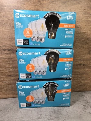 ECOSMART 60 WATT LED DIMMABLE SOFT WHITE LIGHT BULBS TWELVE 3 Boxes Of 4 Bulbs  - Image 1 of 4