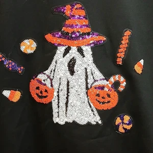 Women’s Small Halloween Sweatshirt Sequin Ghost Candy Corn Pumpkins Black NALCN - Picture 1 of 11